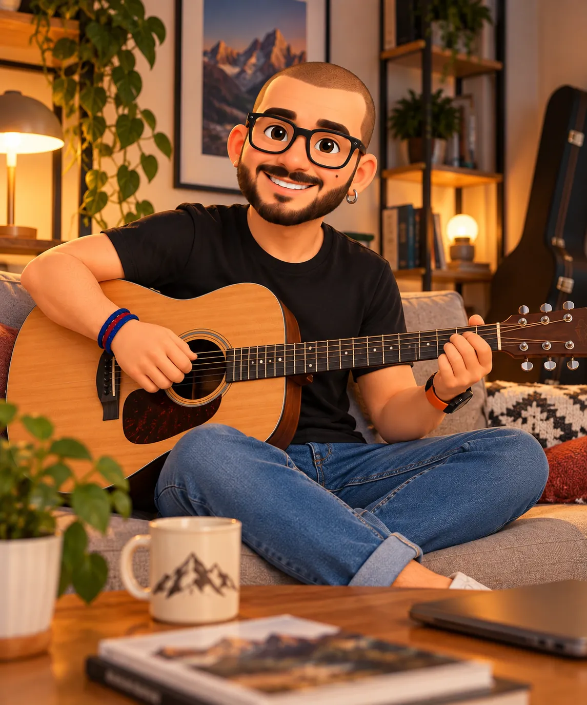 Mauro suona la chitarra acustica sul divano
