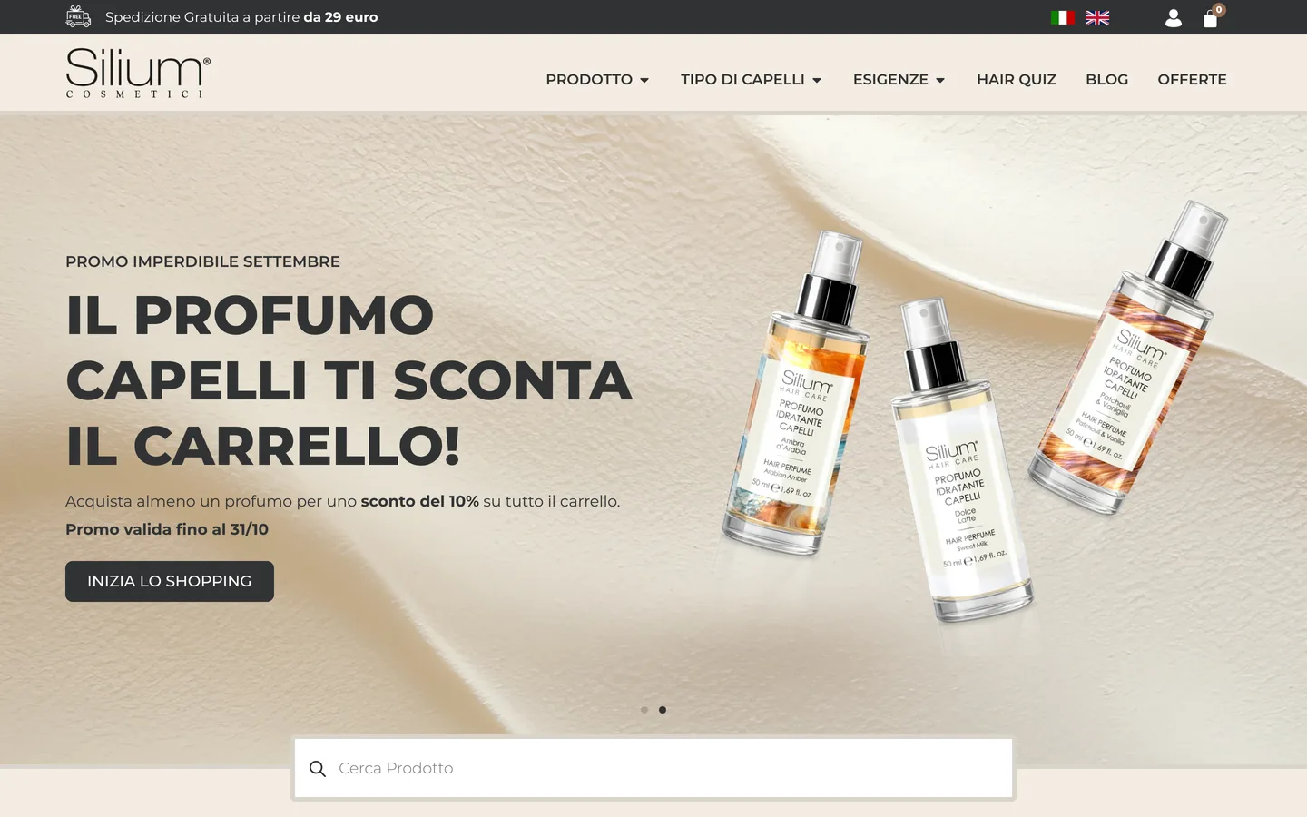 Homepage del sito Silium Cosmetici